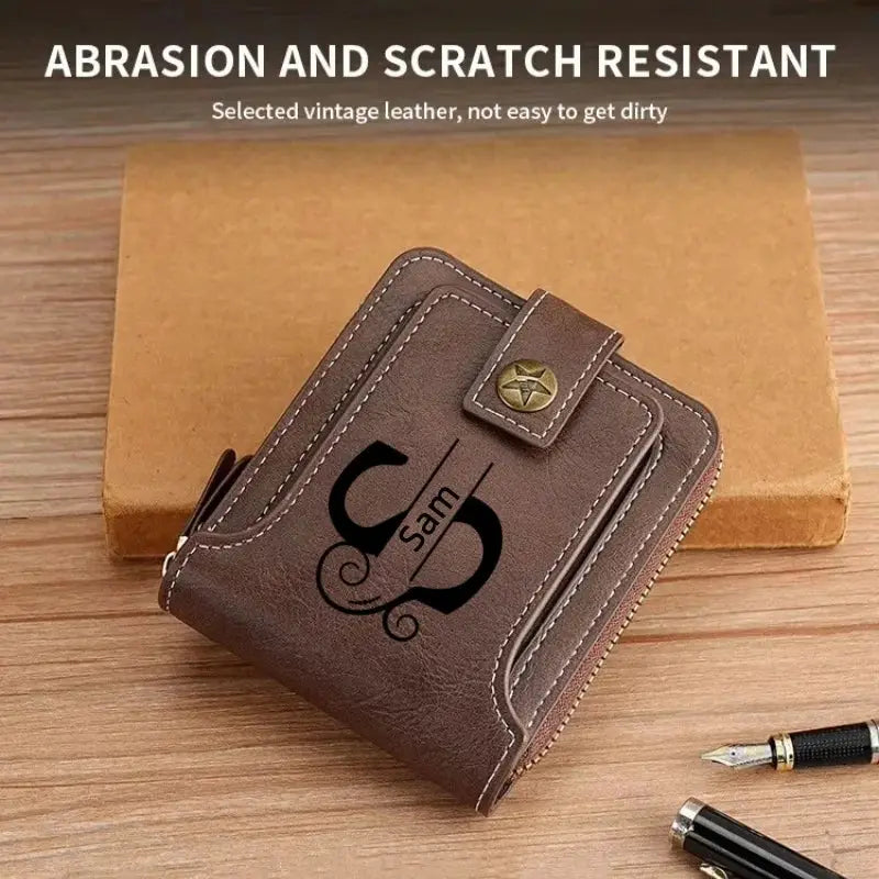 Brown PU leather chain short wallet for men with engraved name and monogram, Simples Market