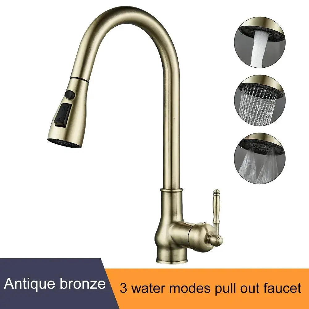 Kitchen faucet in antique bronze with pull-out sprayer, hot and cold water, three modes.