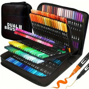 Vibrant double-ended watercolor markers set in a black zip case with durable plastic bodies for drawing and crafts