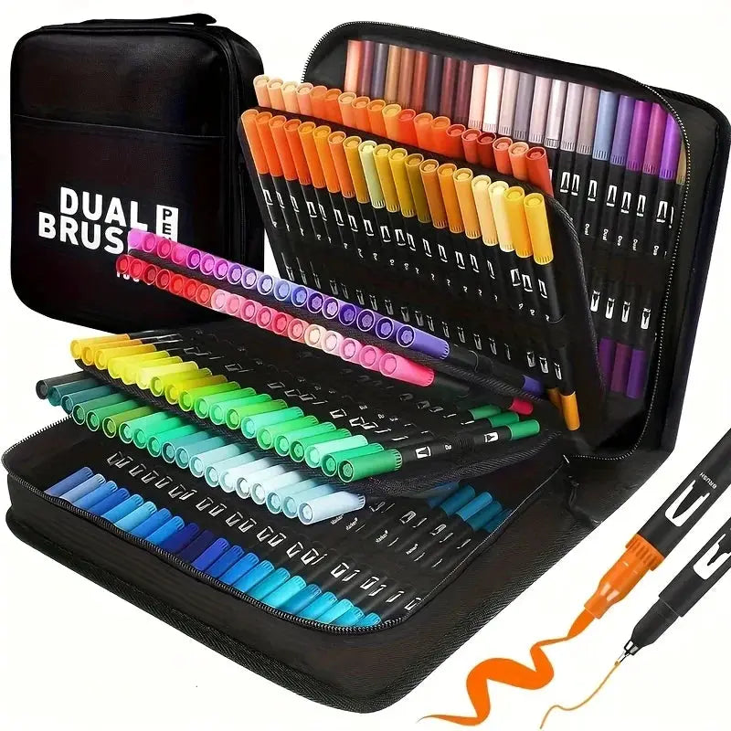 Vibrant double-ended watercolor markers set in a black zip case with durable plastic bodies for drawing and crafts