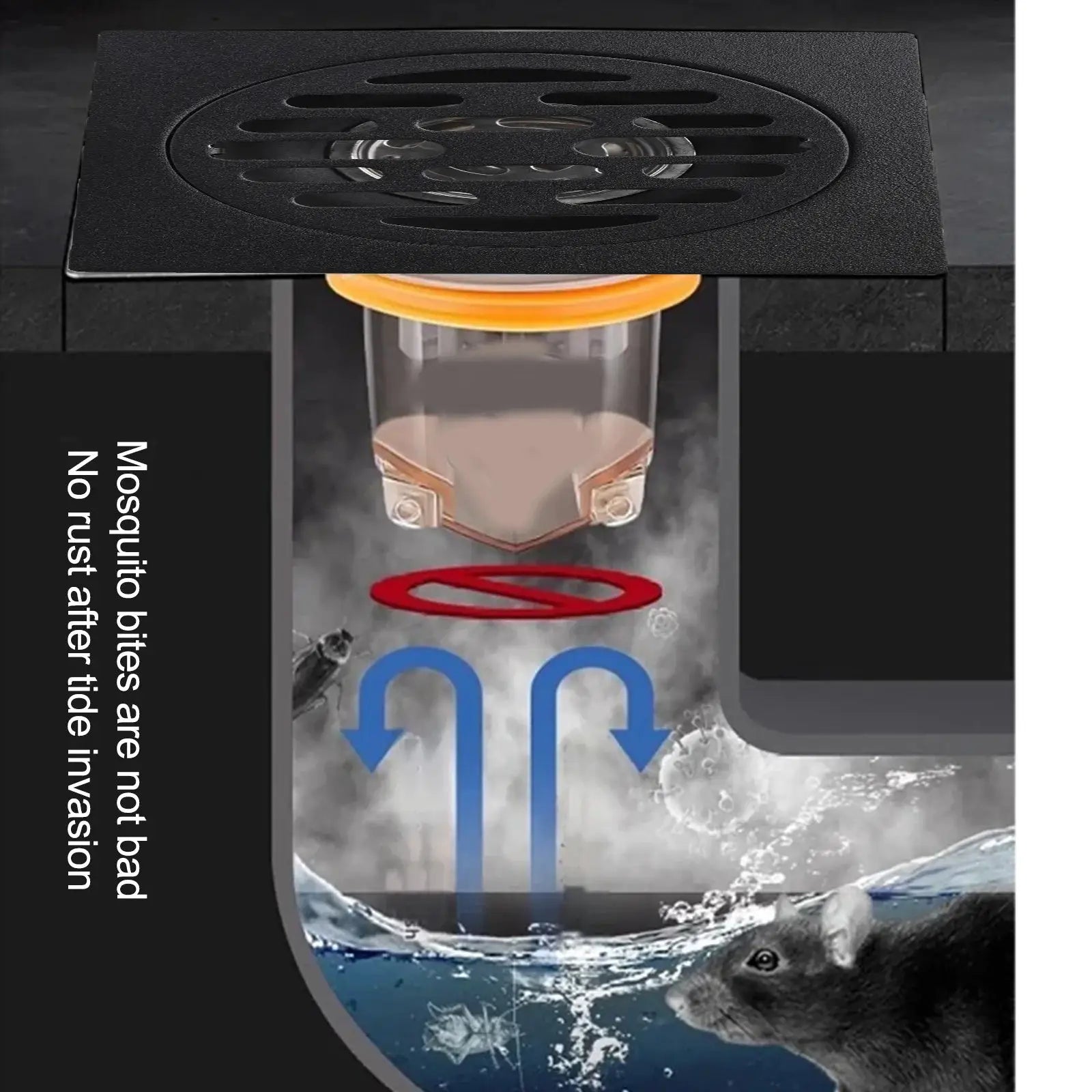 Shower floor drain backflow preventer, black grate with orange seal; stainless components, anti-odor and insect-proof.