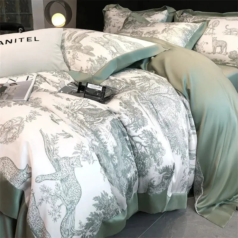 Simples Market Lyocell leopard forest bedding set with duvet cover, sheet, and pillowcases; green satin trim