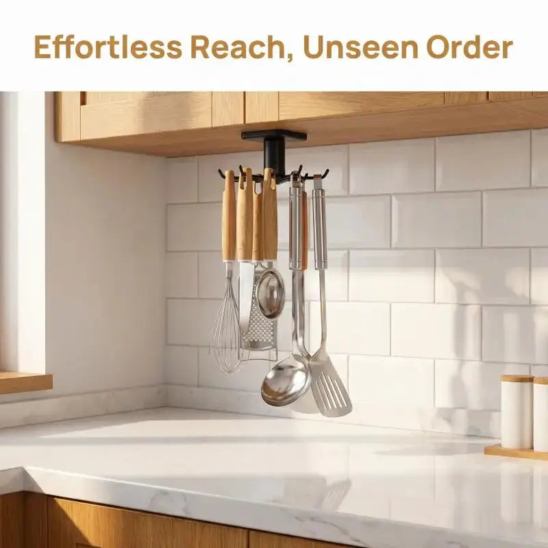 Simples Market 360-degree rotating adhesive utensil rack with 6 no-drill hooks for under-cabinet kitchen use