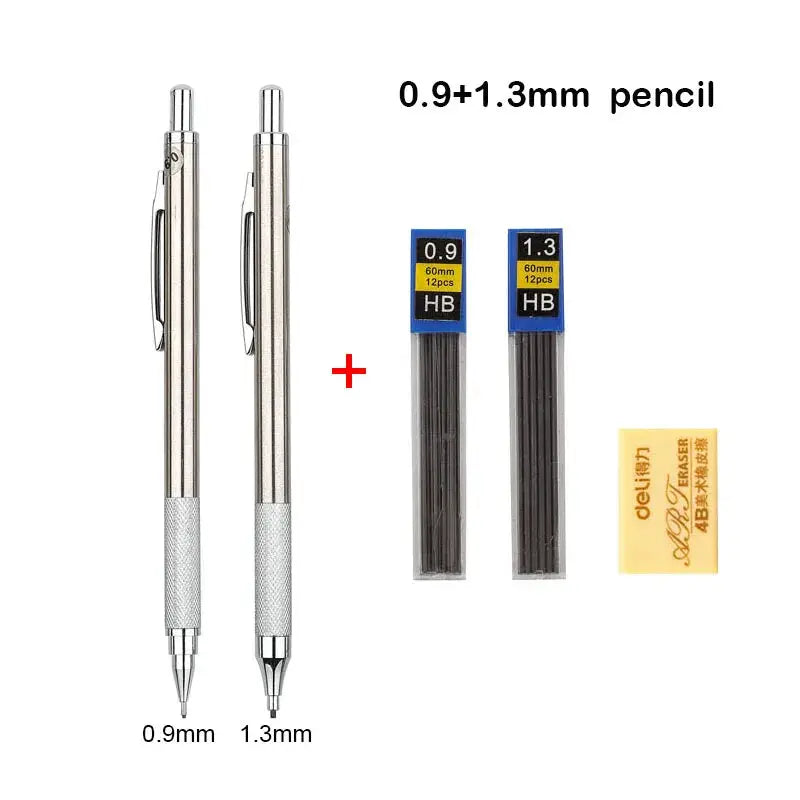 Mechanical pencil set by Simples Market, 2 full-metal pencils with 0.9mm and 1.3mm tips, plus HB lead refills and eraser