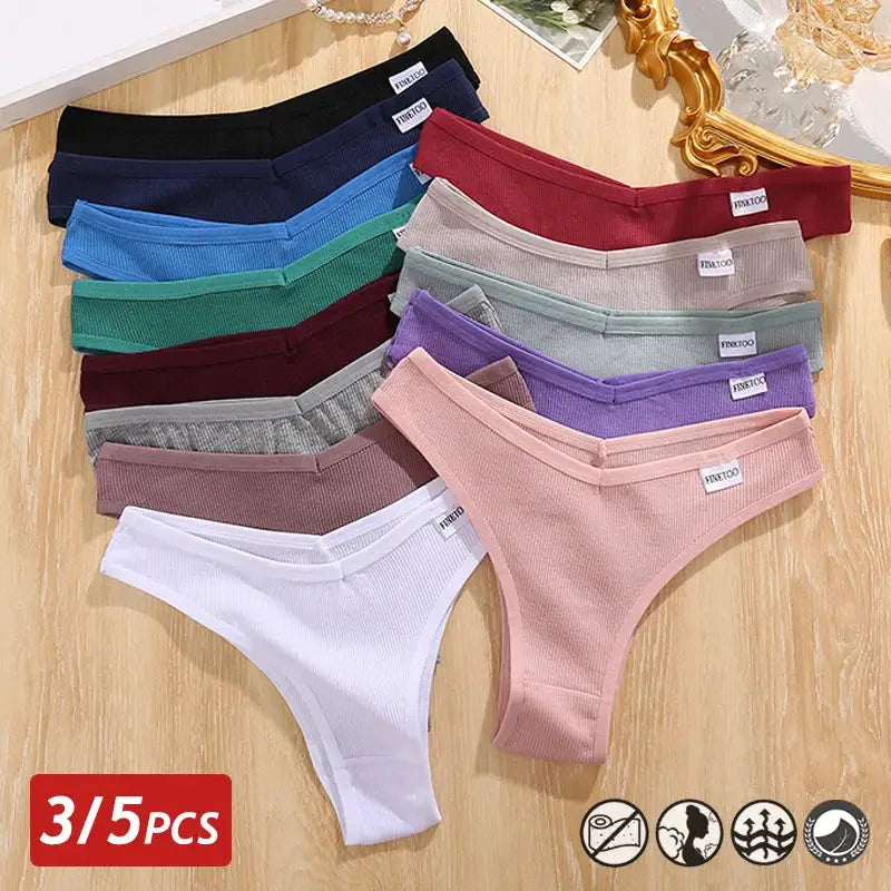 FINETOO cotton Brazilian panties, V-waist T-back underwear, 3/5Pcs set in assorted colors, Simples Market