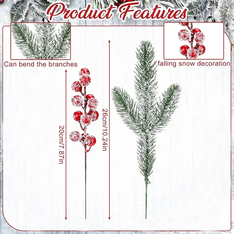 Simples Market artificial pine branch with red holly berries, two sizes 20cm and 26cm for Xmas wreath and home decor
