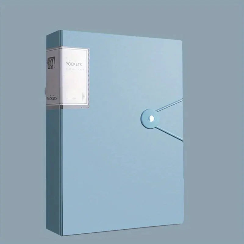 Blue portfolio binder for documents with pocket label and circular closure