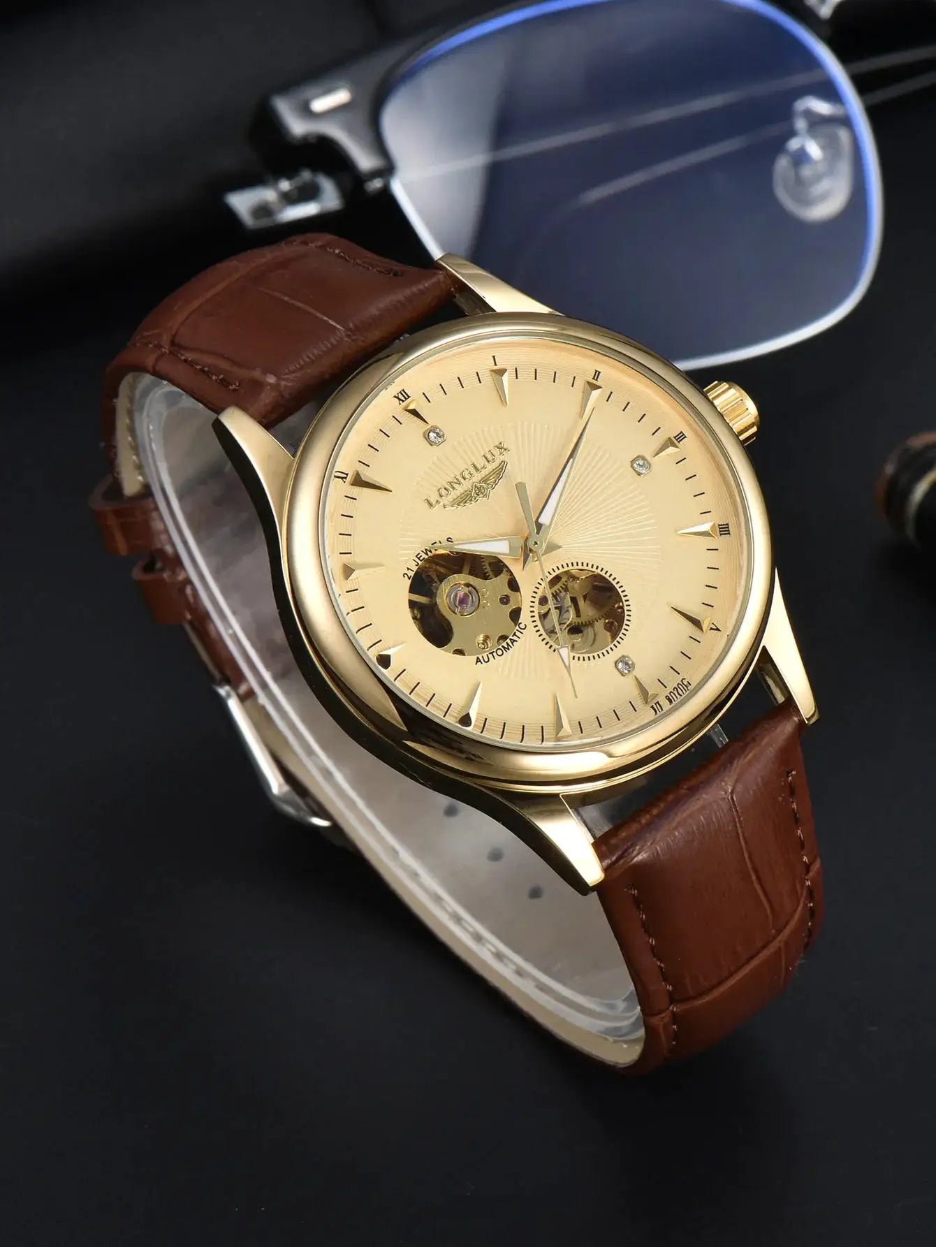 LONGLUX automatic skeleton watch from Simples Market with gold-tone case and brown leather strap
