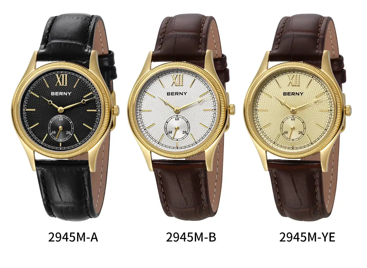BERNY men's luxury watches set of 3; gold-tone cases, leather straps in black and brown, dials black/white/champagne