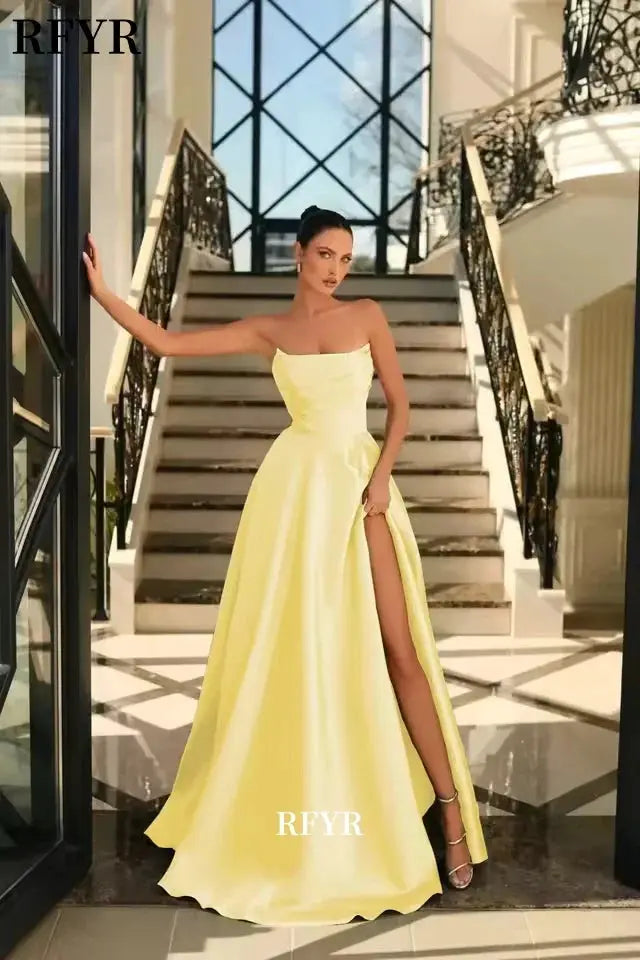 RFYR Green Satin Evening Dress Pleats A Line High Split Prom