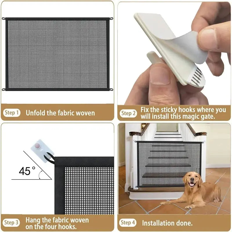Foldable Breathable Mesh Dog Barrier Fence With 4 Hooks For Stairs And Rooms Safe Playpen