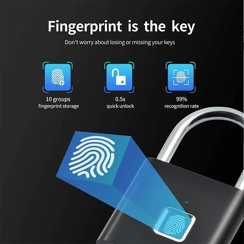 Keyless fingerprint padlock; black body with silver shackle and blue fingerprint icon overlay