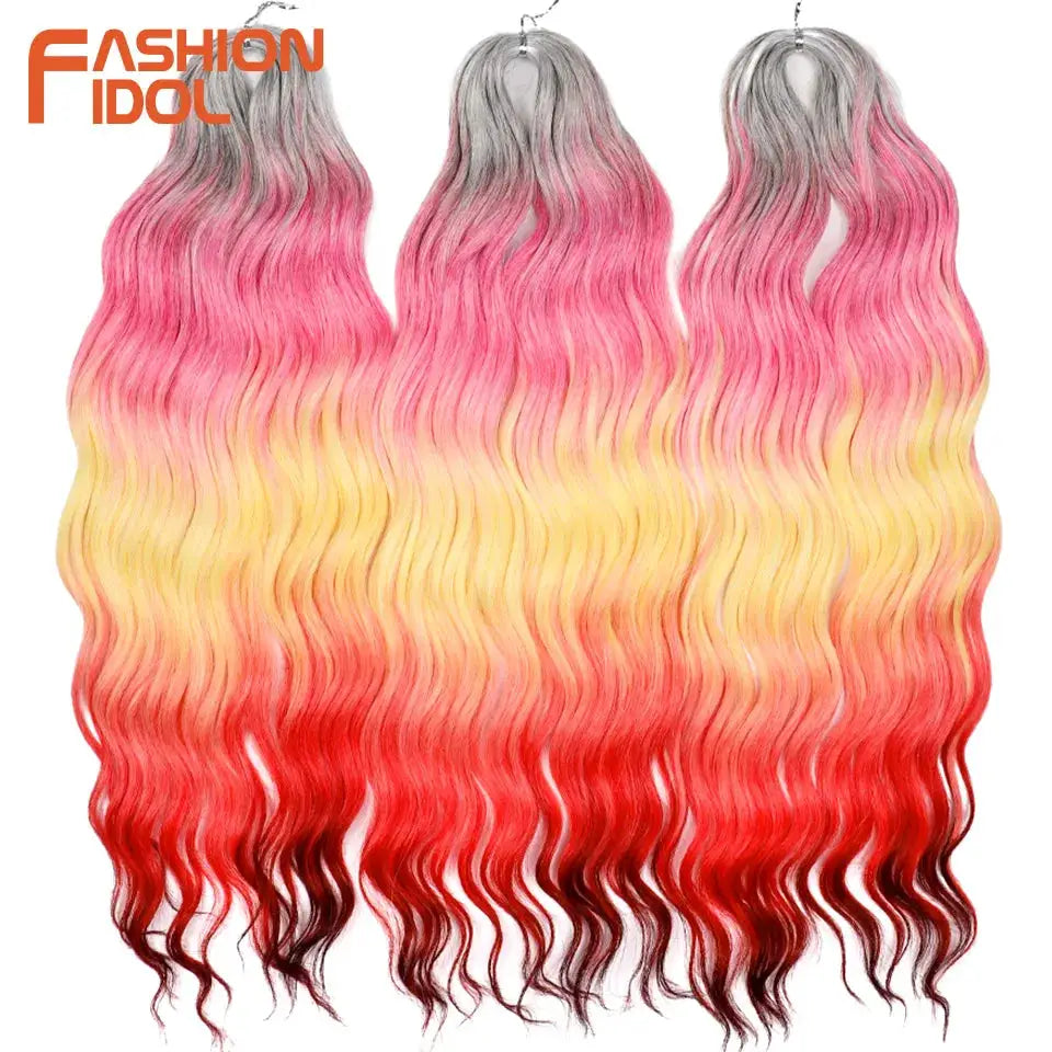 Anna 24in synthetic water-wave braiding hair extensions, three ombre bundles in gray-pink-yellow-red, Simples Market