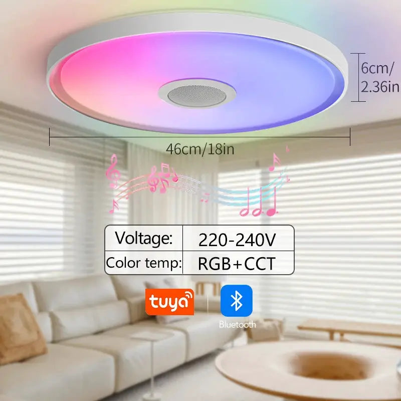 LED smart ceiling lamp with RGB lighting and built-in speaker; round white fixture, 46 cm diameter, Bluetooth/Tuya.