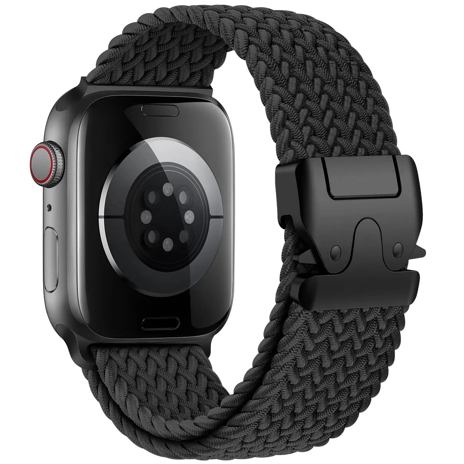 Simples Market braided parachute strap for Apple Watch, black nylon with secure metal clasp.