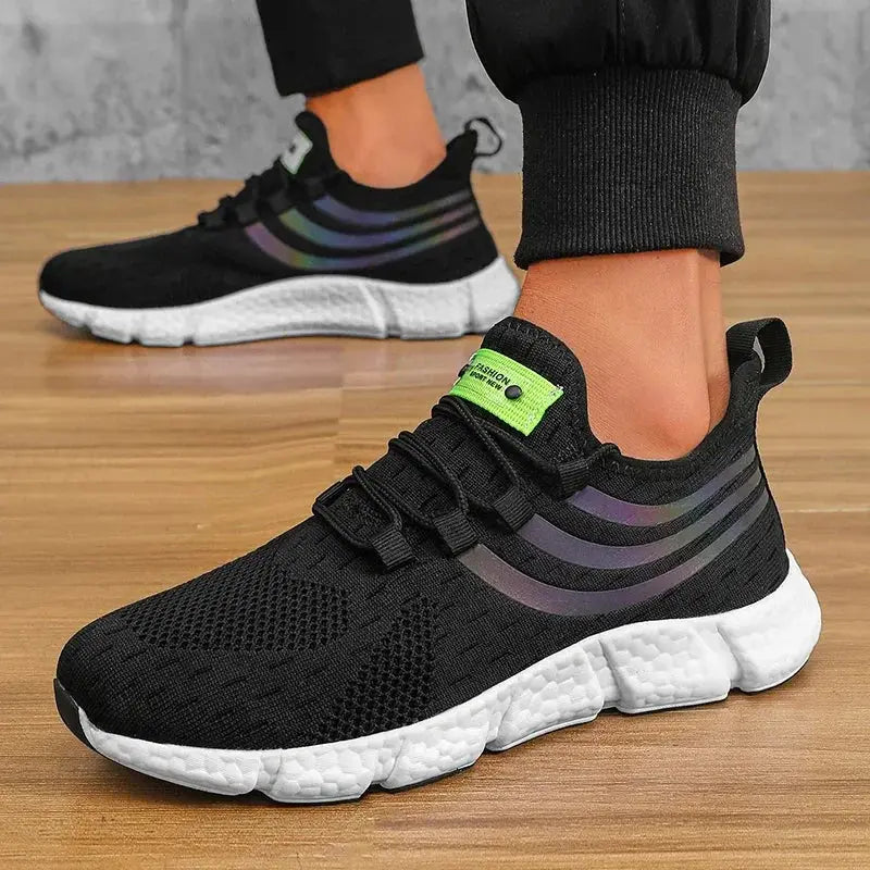 Men’s sneakers by Simples Market, pair of black breathable knit sneakers with white platform sole