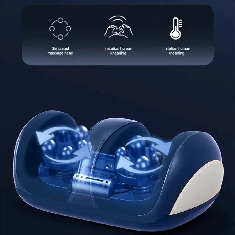 Electric foot massager with deep kneading rollers and hot compress, blue translucent shell.