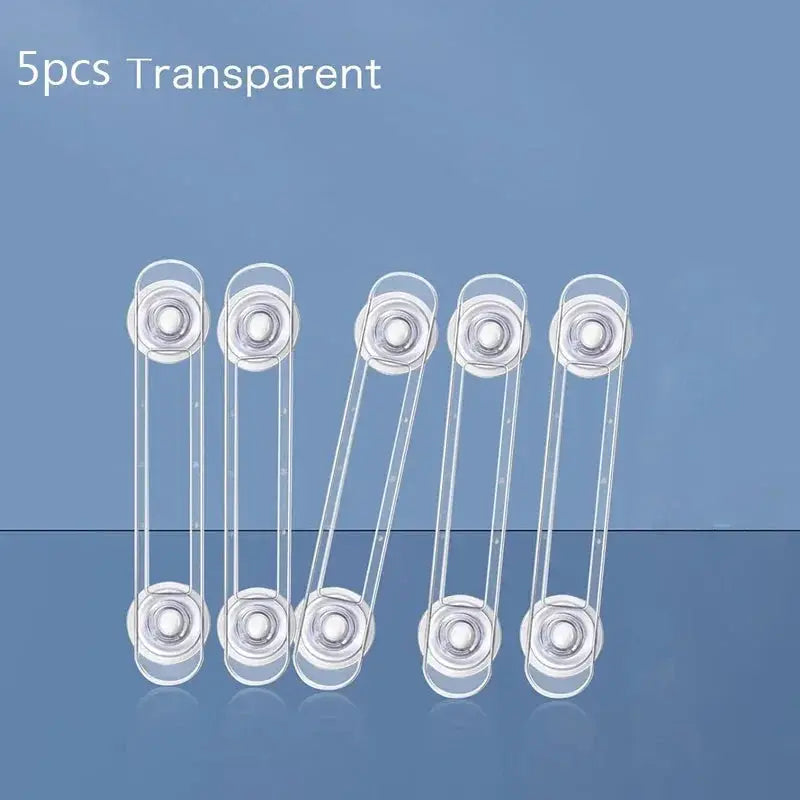 5-pack transparent child safety locks for drawers and refrigerators; clear plastic anti-opening straps