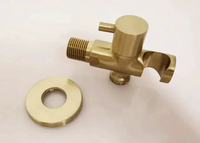 Two-piece brass handheld bidet shower valve with brushed gold finish and washer