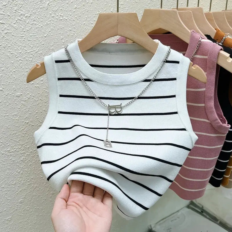 AOSSVIAO 2026 Summer Knit Vest For Women Striped Slim Fit Sleeveless Waistcoat With Turtleneck Collar