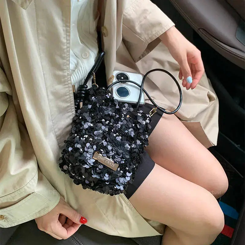 LEFTSIDE mini sequins shoulder bag in black with crossbody strap and CHIC CRAZE label