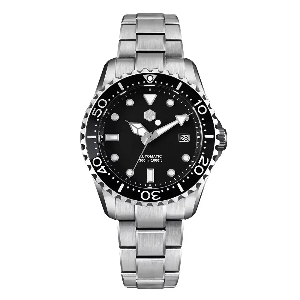 Simples Market San Martin diver watch, 40–44mm, black dial, stainless steel bracelet, 300m water resistant, automatic NH35