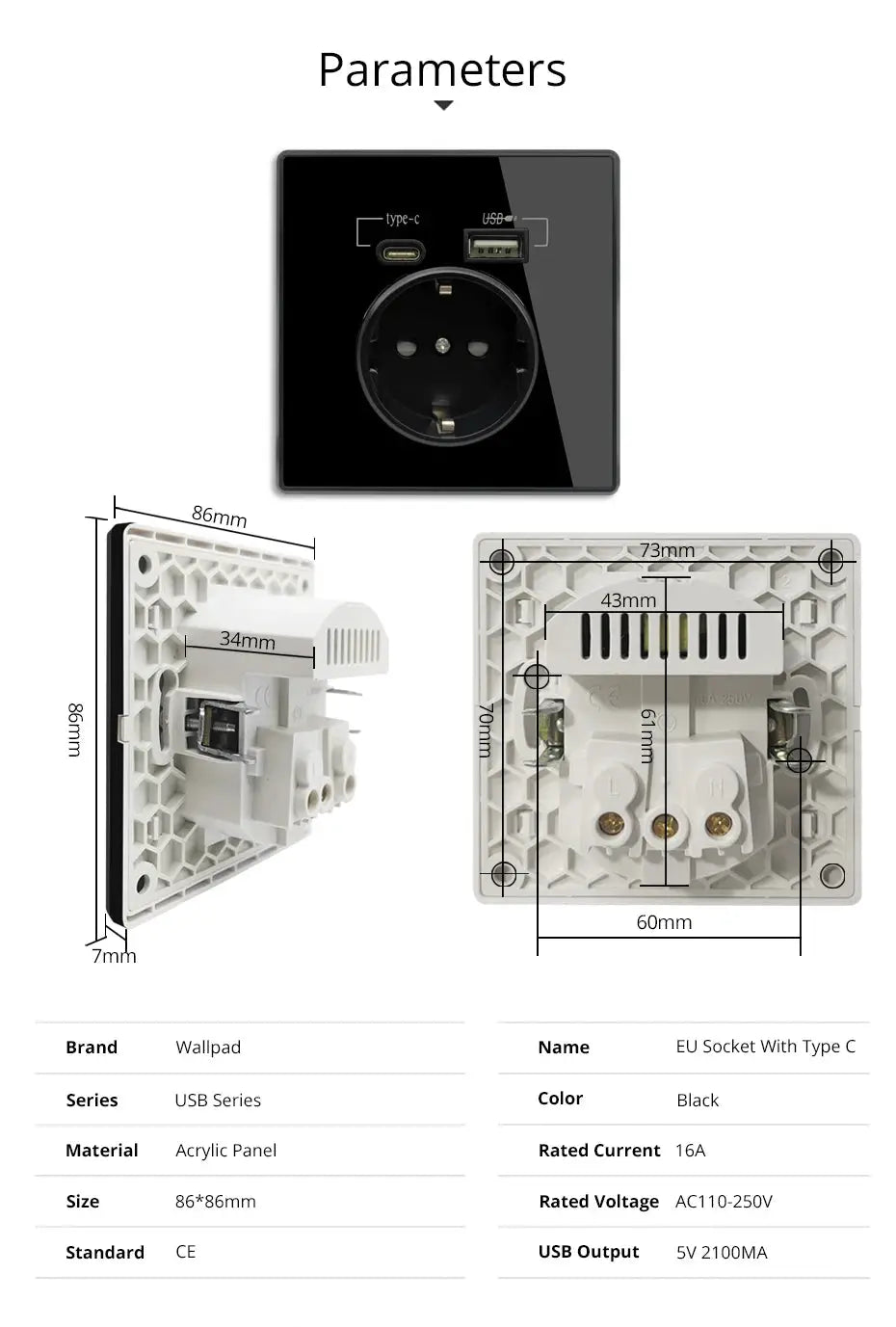 EU socket with Type-C PD 20W and USB charger on black acrylic mirror panel by Wallpad