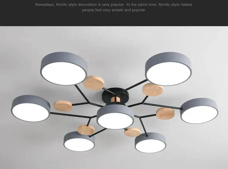 Modern LED chandelier ceiling lamp with multiple round lights on black arms, gray rims and wood accents
