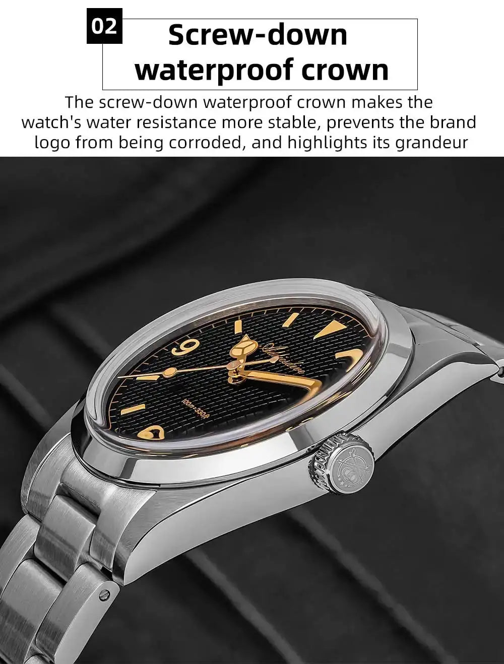 ADDIESDIVE men's analog watch with stainless steel bracelet, black dial, gold-tone hands, 100m water resistance