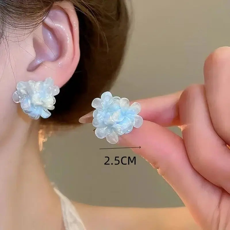 Flower stud earrings, white and light blue camellia petals, 2.5cm, pair