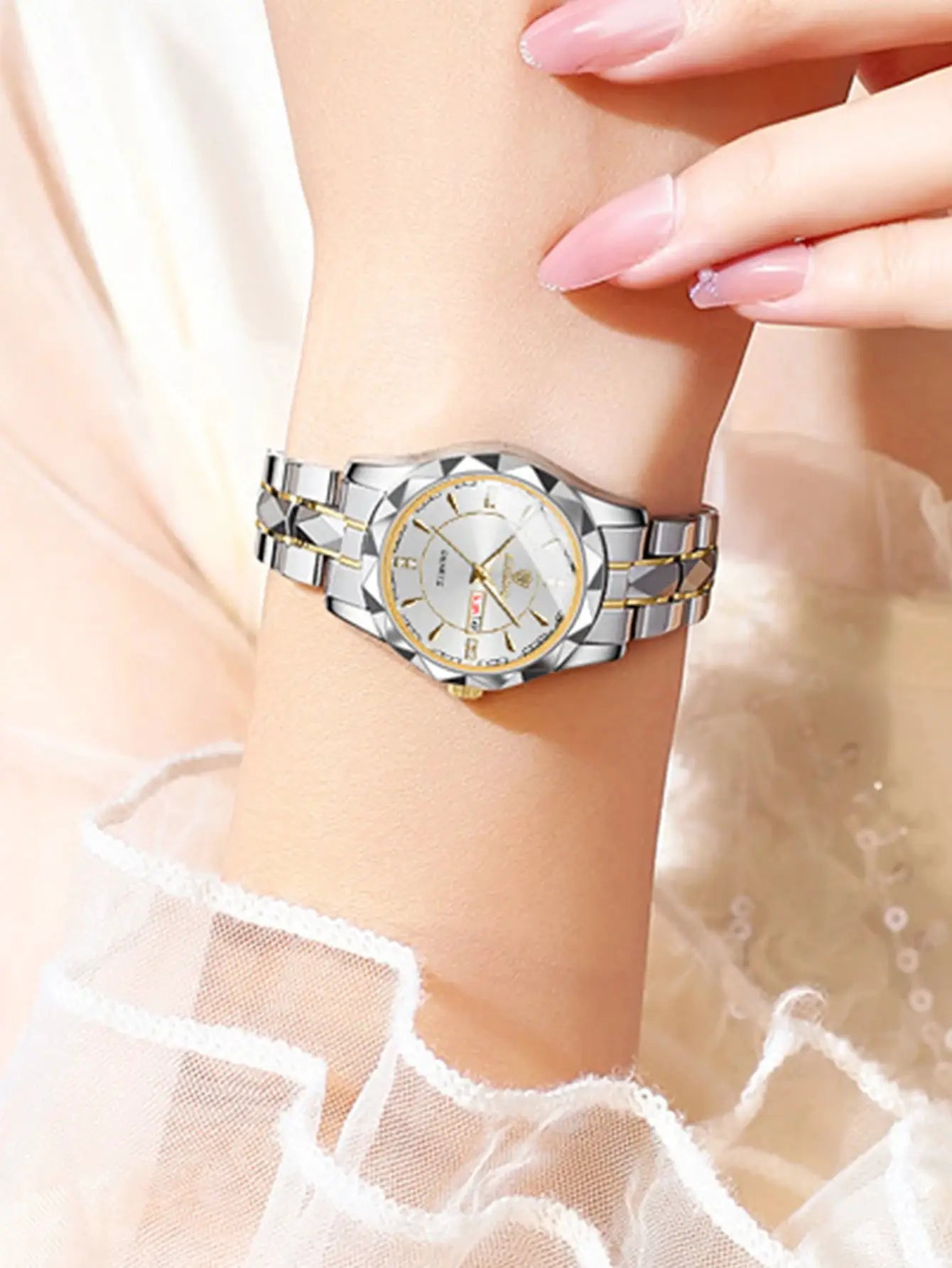 BINBONG women's luxury quartz wristwatch; silver two-tone stainless steel with gold accents, dial, date display