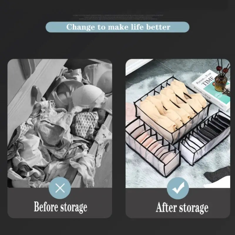 Two black-framed fabric organizer boxes for underwear and socks with beige dividers; shown before and after storage