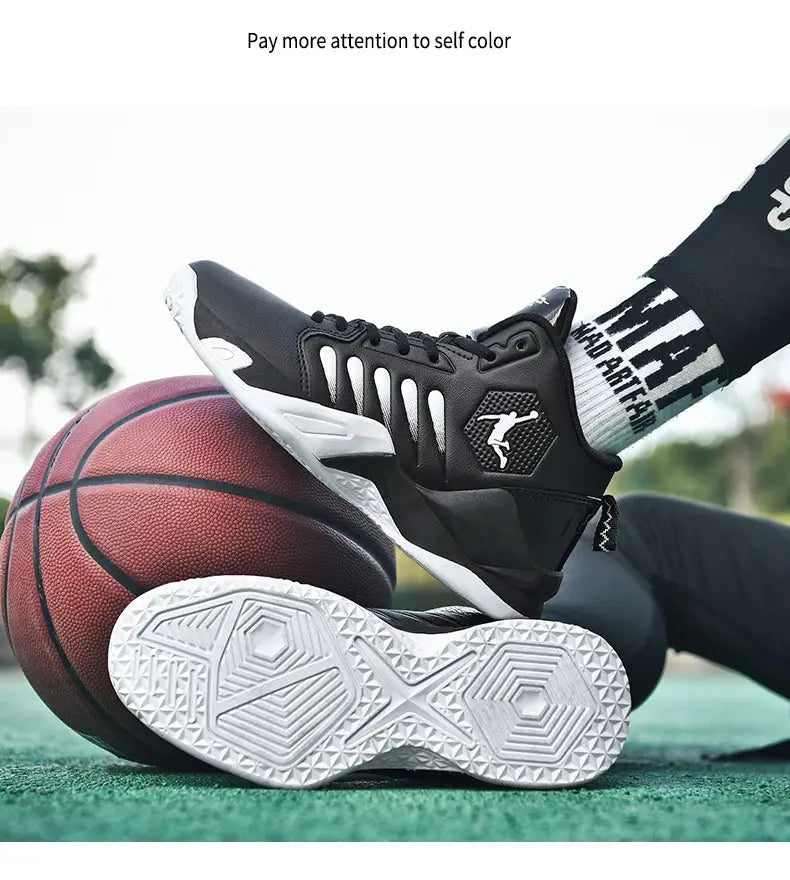 Simples Market men's black sneakers with white sole resting on a basketball
