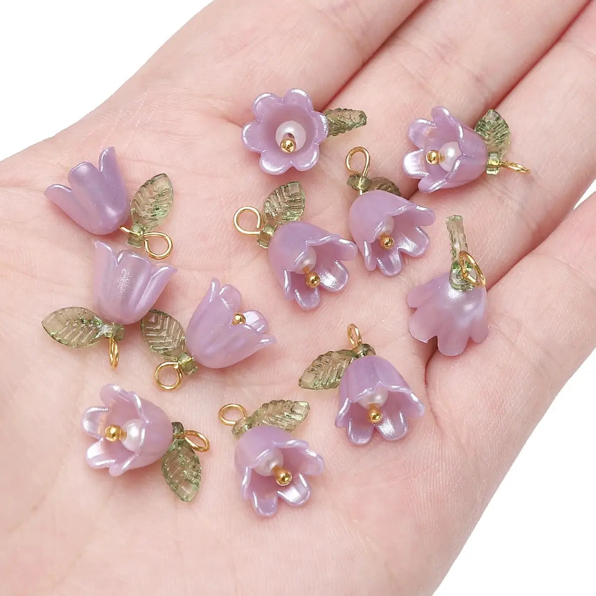 Lilac lily-of-the-valley flower beads, 11x14mm acrylic with green leaves and gold loop findings, 2–10 pcs for DIY jewelry