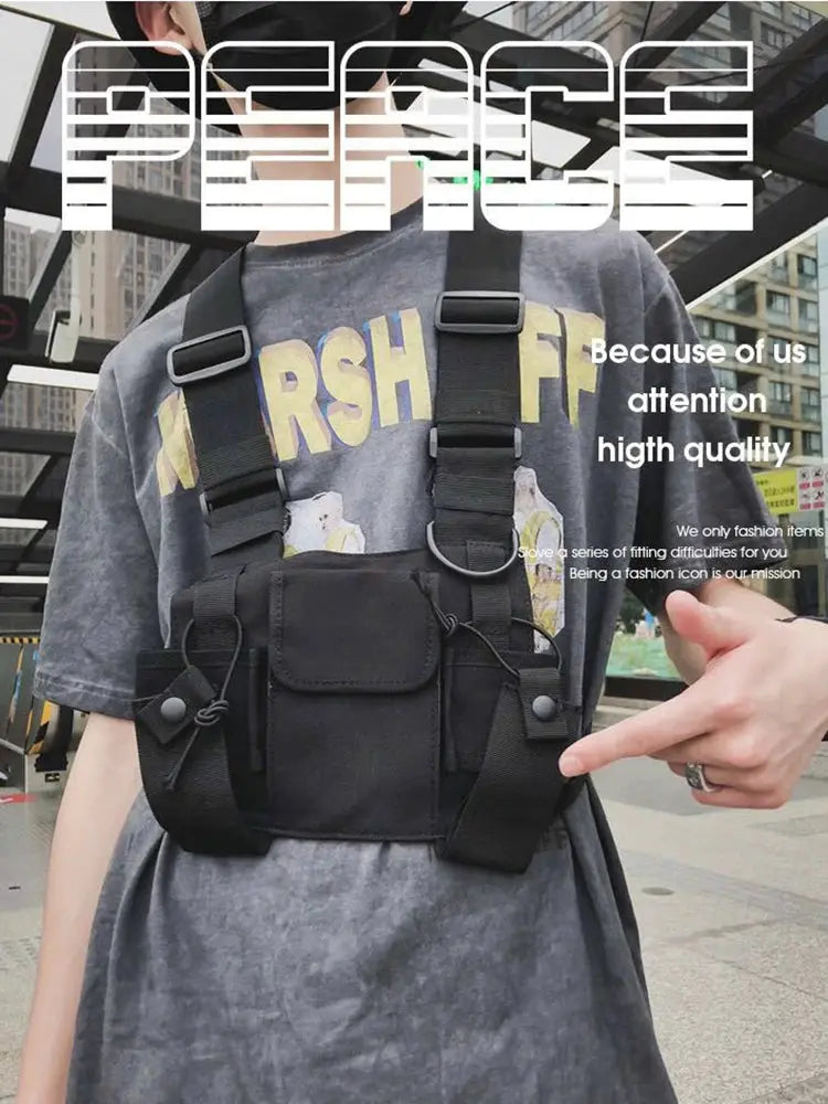 Simples Market black tactical chest bag with front pocket, side pouches and dual straps (unisex waist pack)
