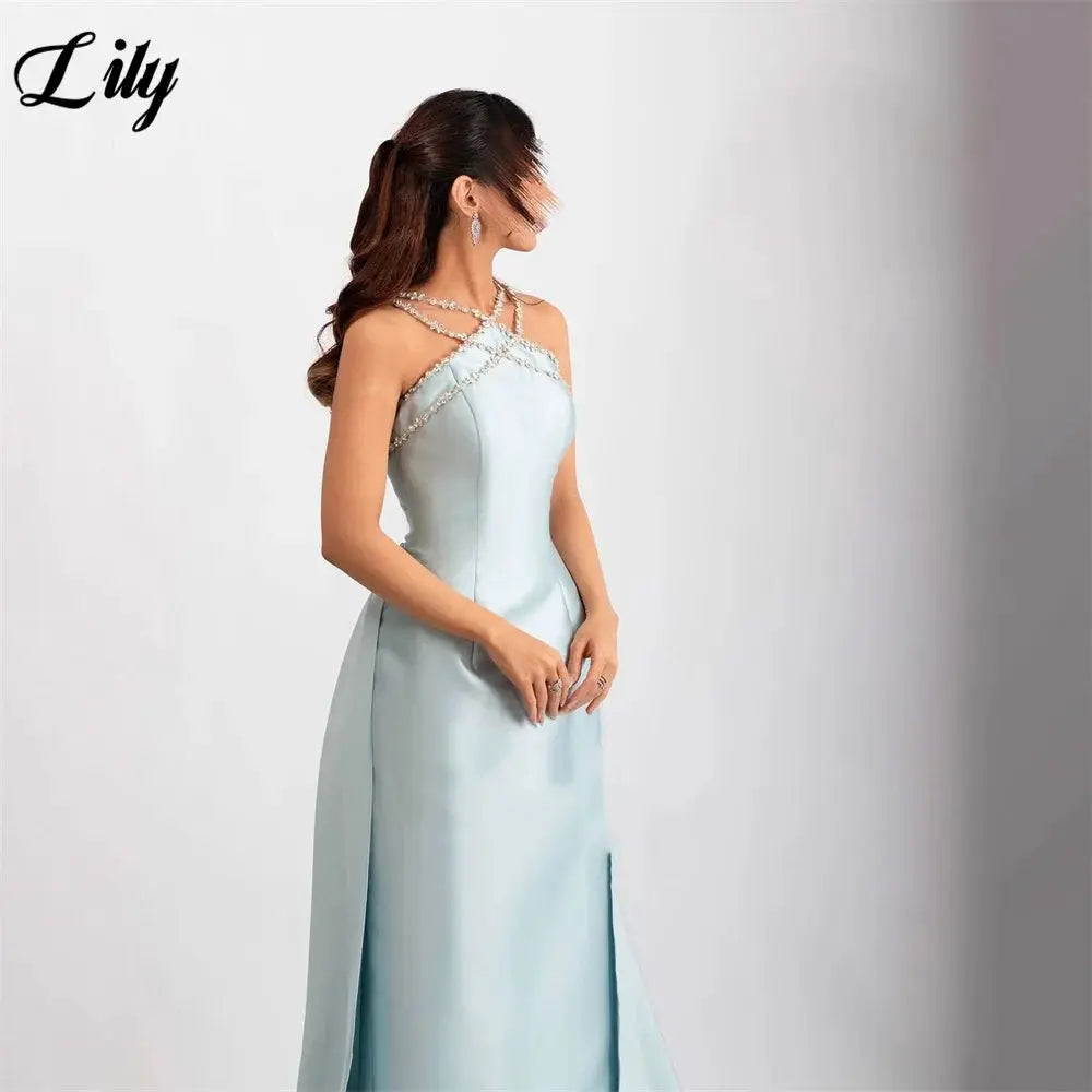 Lily Light Blue Prom Dress With Shiny Beading Halter Detachable Train