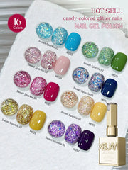 16-color nail gel polish set by Simples Market with candy-colored glitter sequins