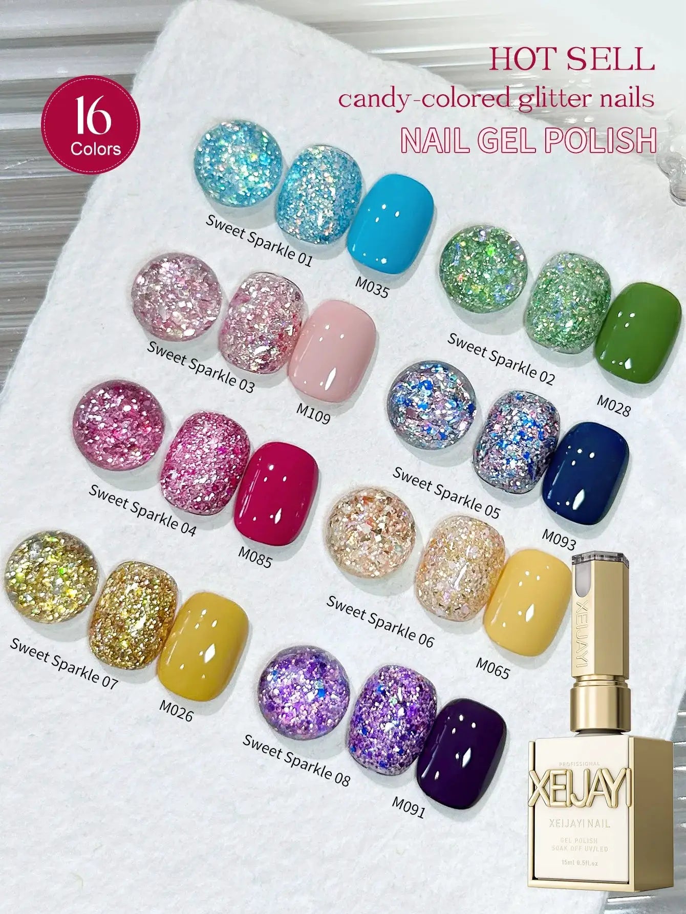 16-color nail gel polish set by Simples Market with candy-colored glitter sequins
