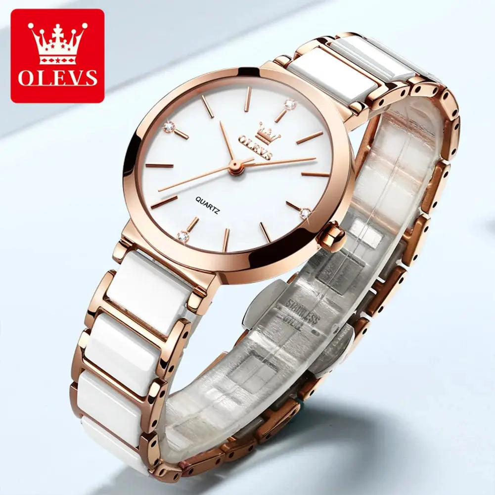 OLEVS women's luxury quartz wrist watch with rose-gold case and white ceramic strap