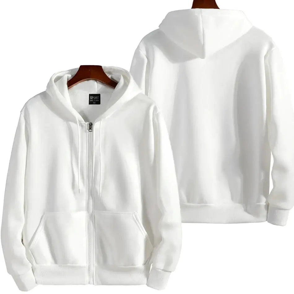 Zip hoodie sweatshirt in white with front pockets, unisex casual wear by Simples Market