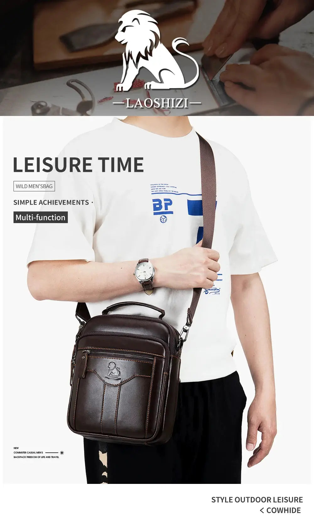 Leather men's crossbody bag by Laoshizi, brown top-layer cowhide with front pocket and adjustable strap.