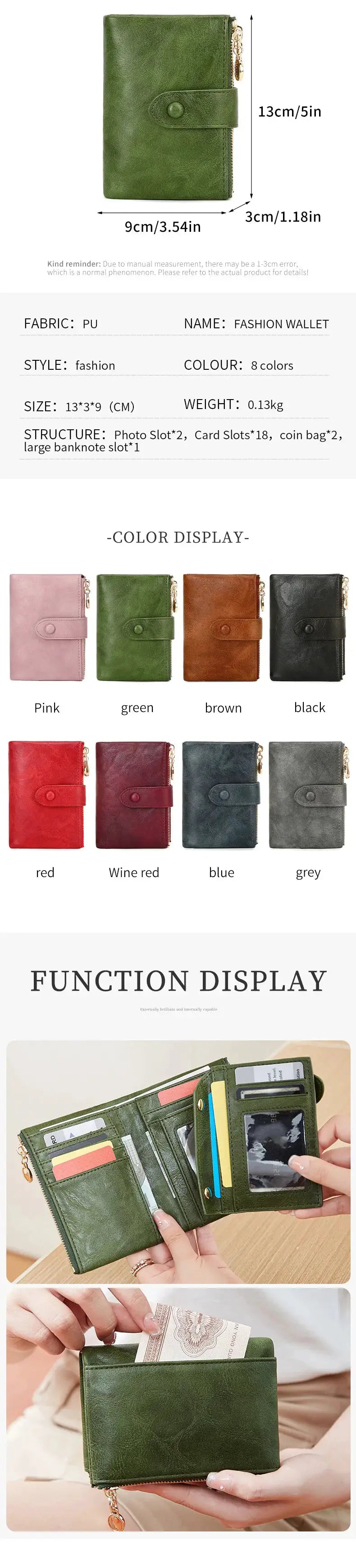 Minimalist women's wallet, green three-layer large-capacity with double zipper