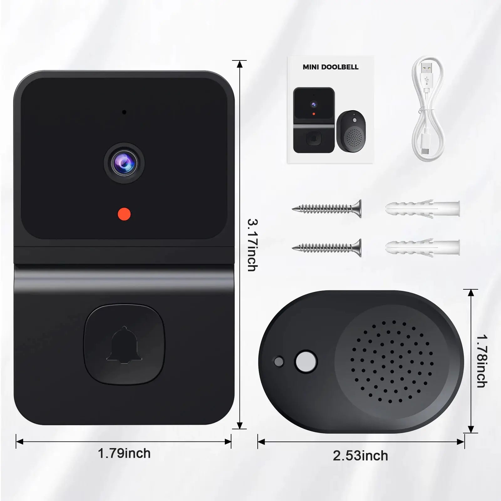 Simples Market wireless doorbell with outdoor HD camera and night vision; mini doorbell kit in black.