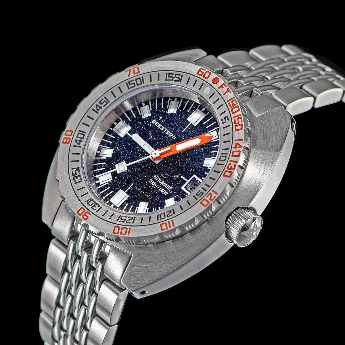 Seestern diver watch for men with stainless steel bracelet, blue starry dial, automatic, 200m water resistance.