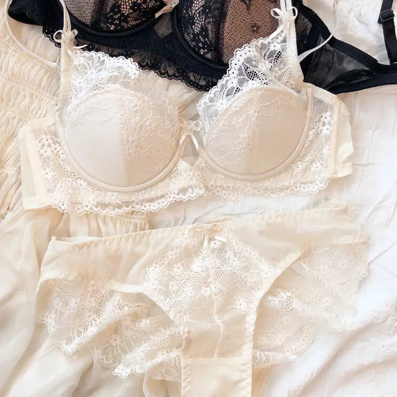 Lace Push Up Bra Lingerie Set With Bow Three Quarter Cup Bralette