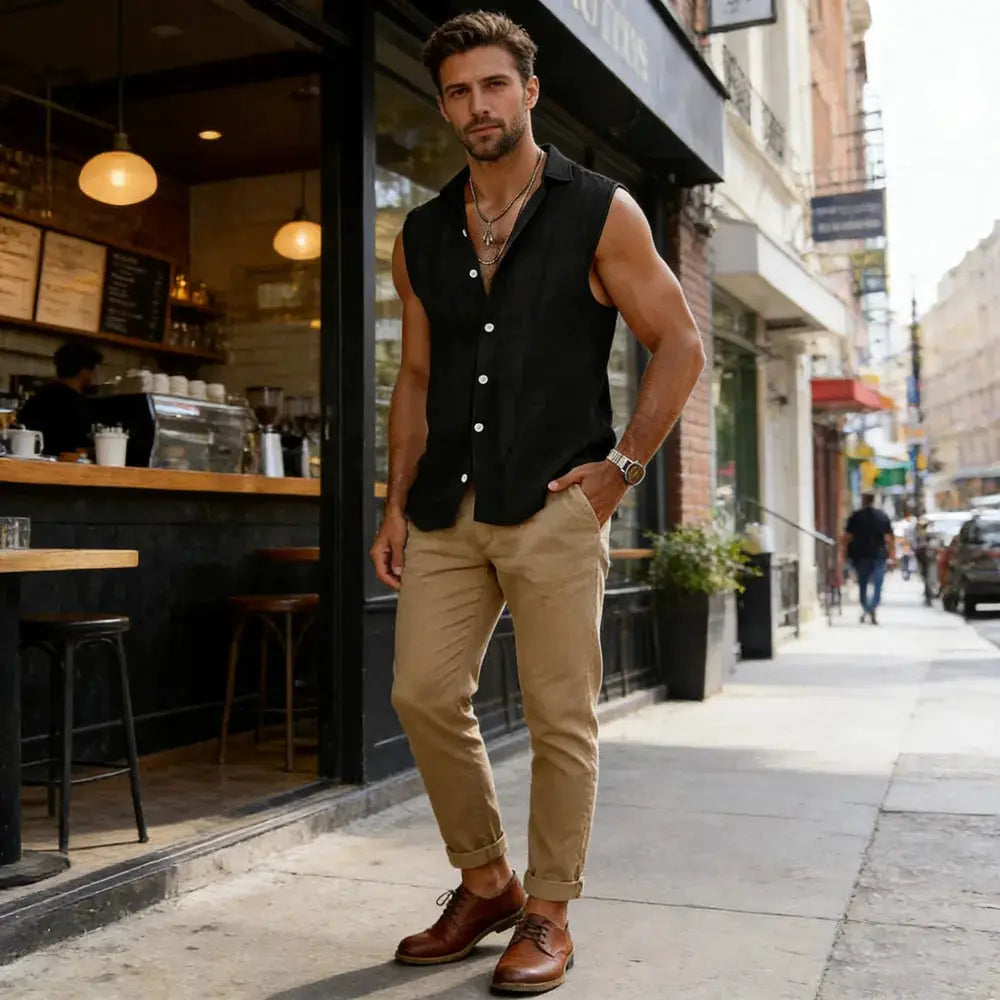 Men's sleeveless cotton-linen shirt, black, button-up with turn-down collar in regular fit