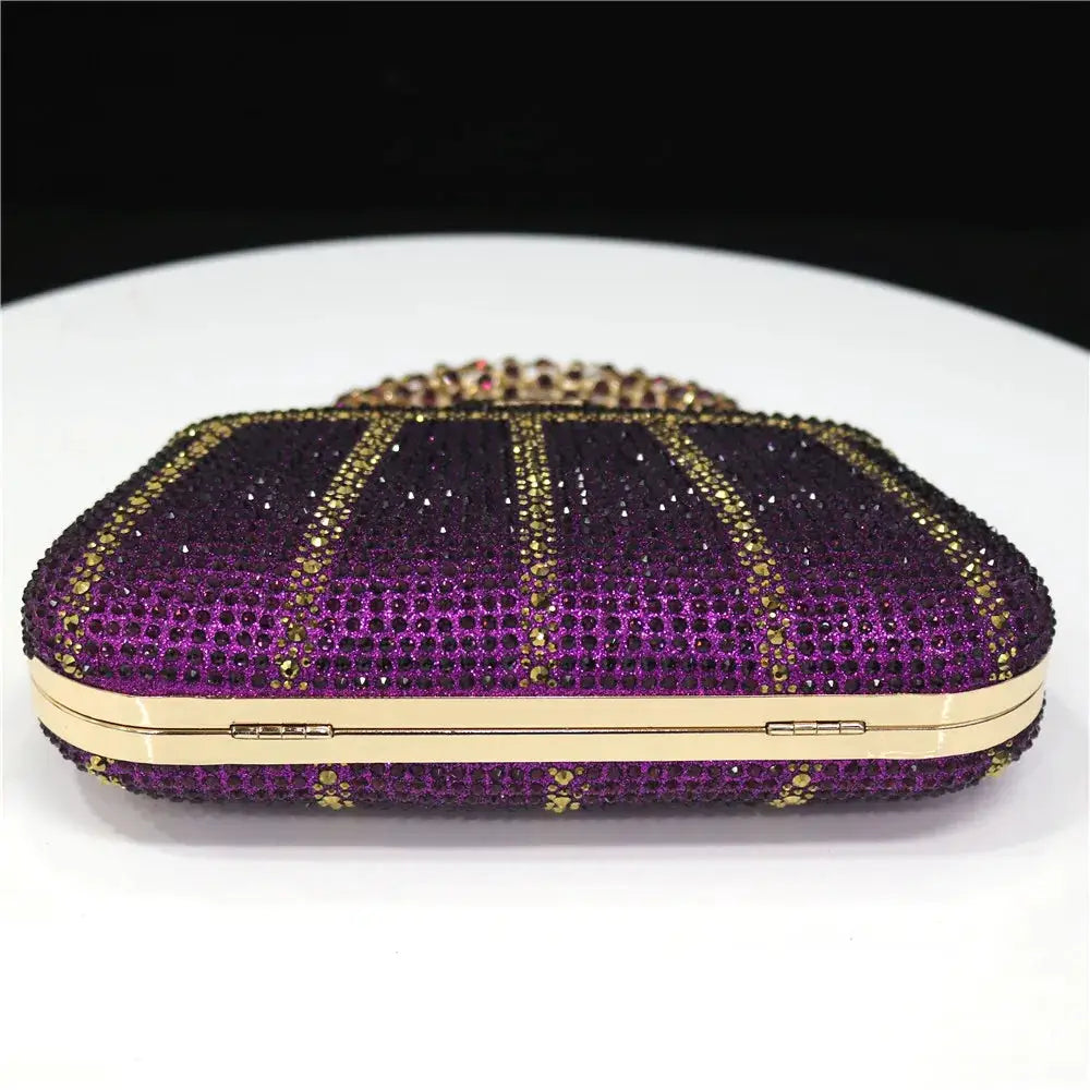 Evening clutch, purple rhinestone with gold-tone frame and long chain