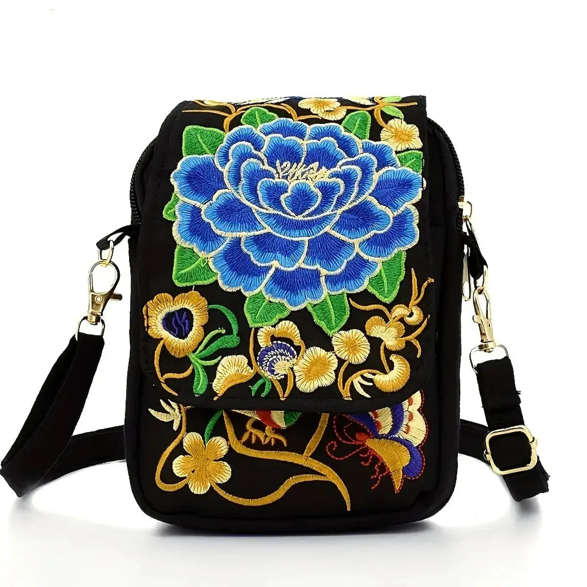 Embroidered crossbody phone bag by Simples Market, small black canvas with blue floral embroidery.