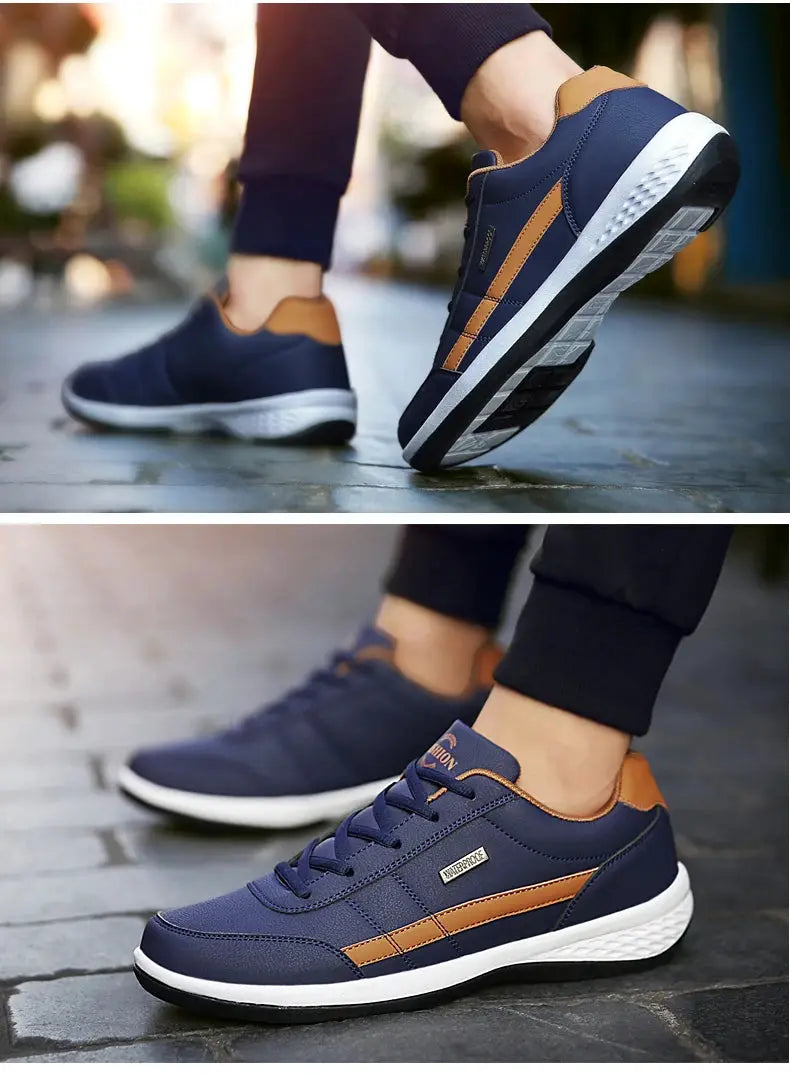 Simples Market navy blue leather men’s sneakers with tan accents, breathable casual vulcanized footwear, white sole
