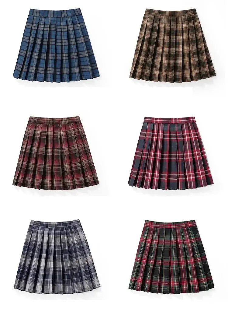 Six plaid pleated skirts in blue, brown, burgundy, navy, gray, and red-green, A-line mini school uniform style